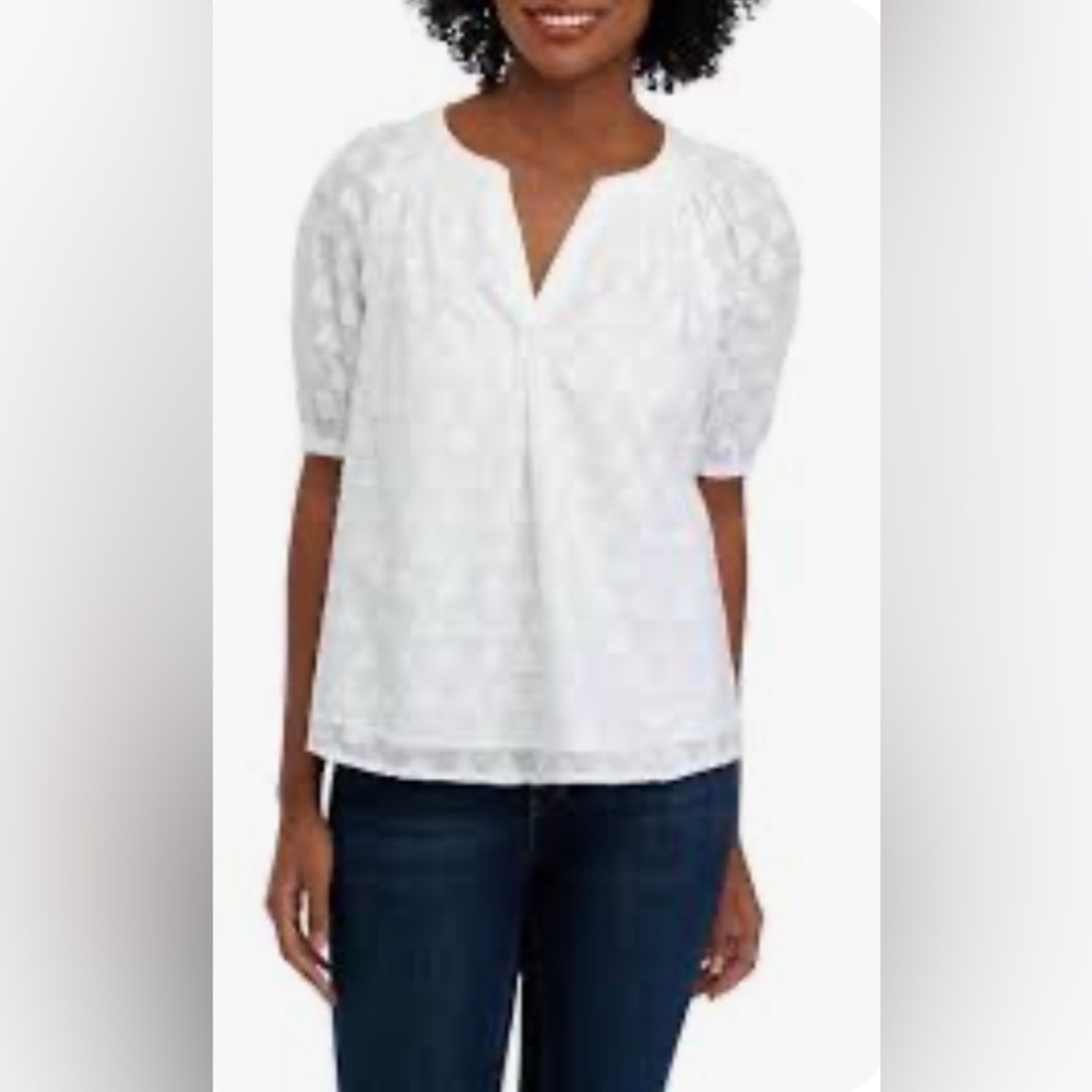 Crown & Ivy White Puff Sleeve Lined Tunic With Gold Accents NWT